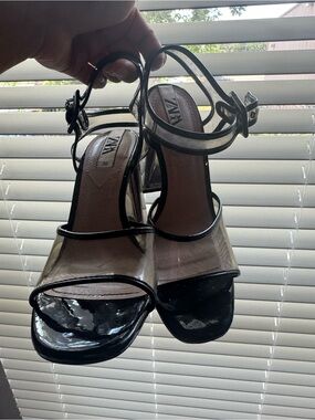 Zara Black Patent & Clear Strap Block Heels